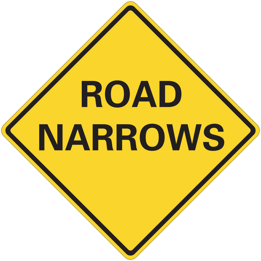 Road sign sticker, yellow diamond with black border and “ROAD NARROWS” text