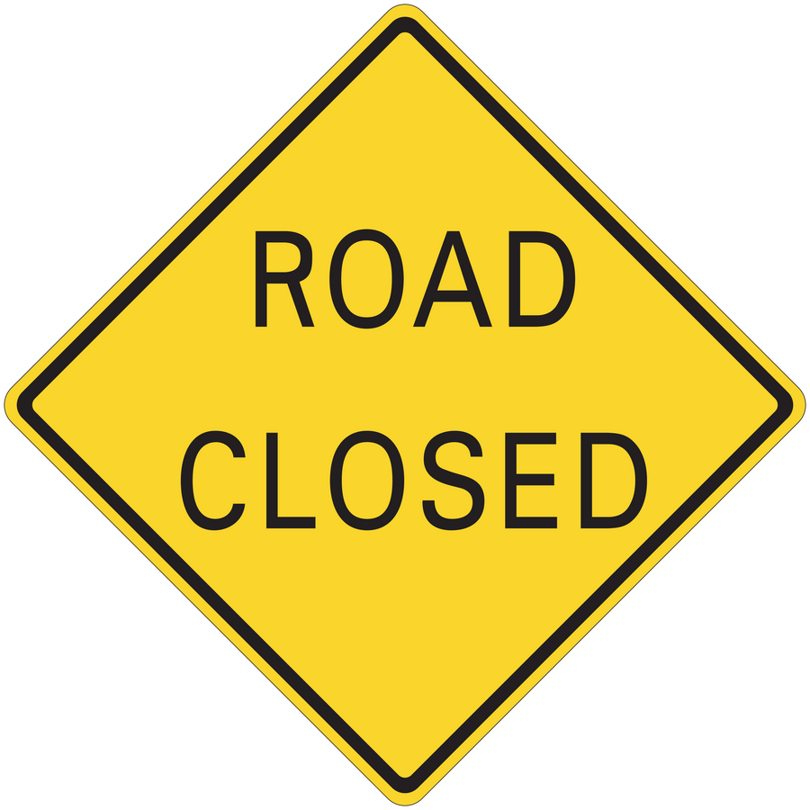 Road sign sticker, yellow diamond with black border reading ROAD CLOSED
