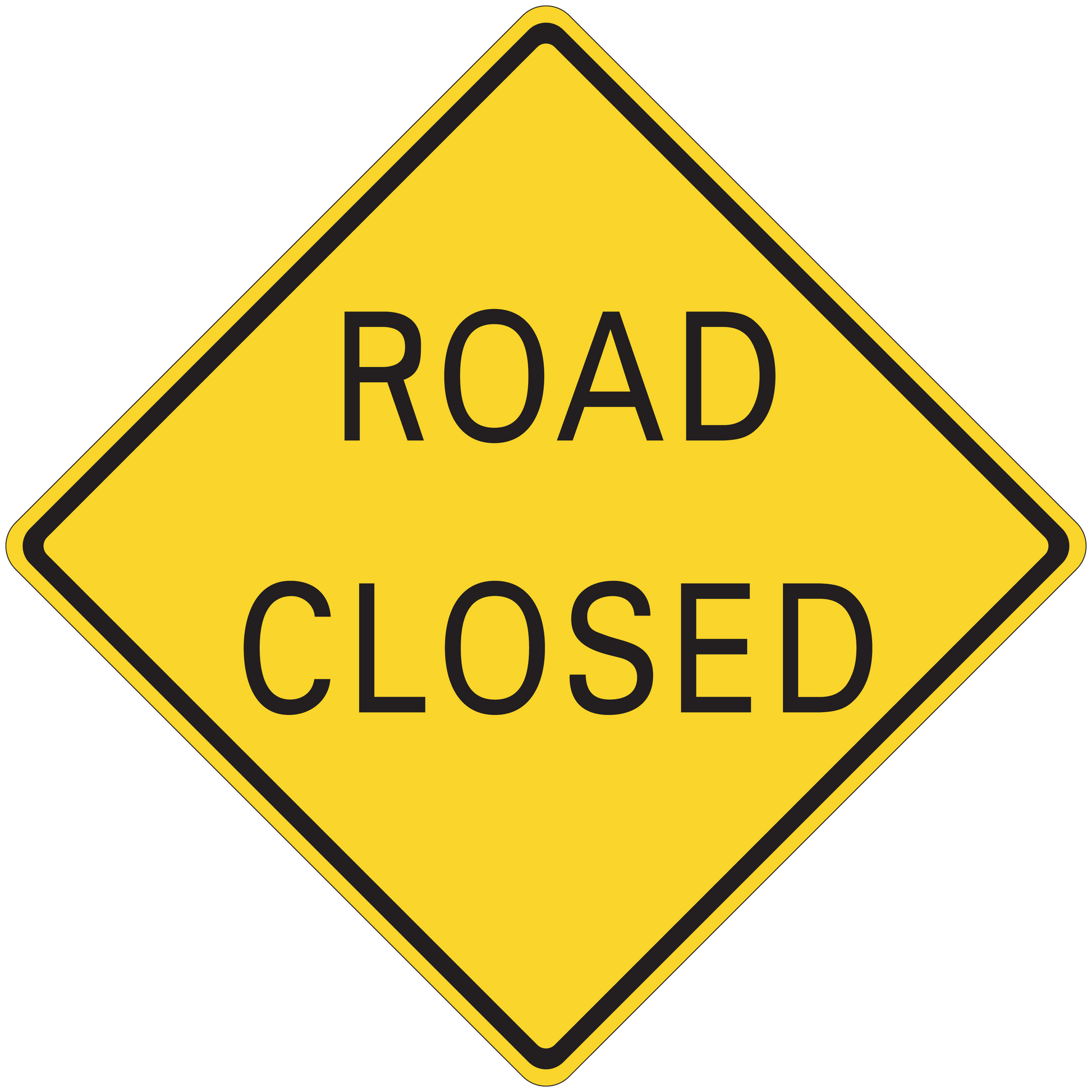 Road sign sticker, yellow diamond with black border reading ROAD CLOSED