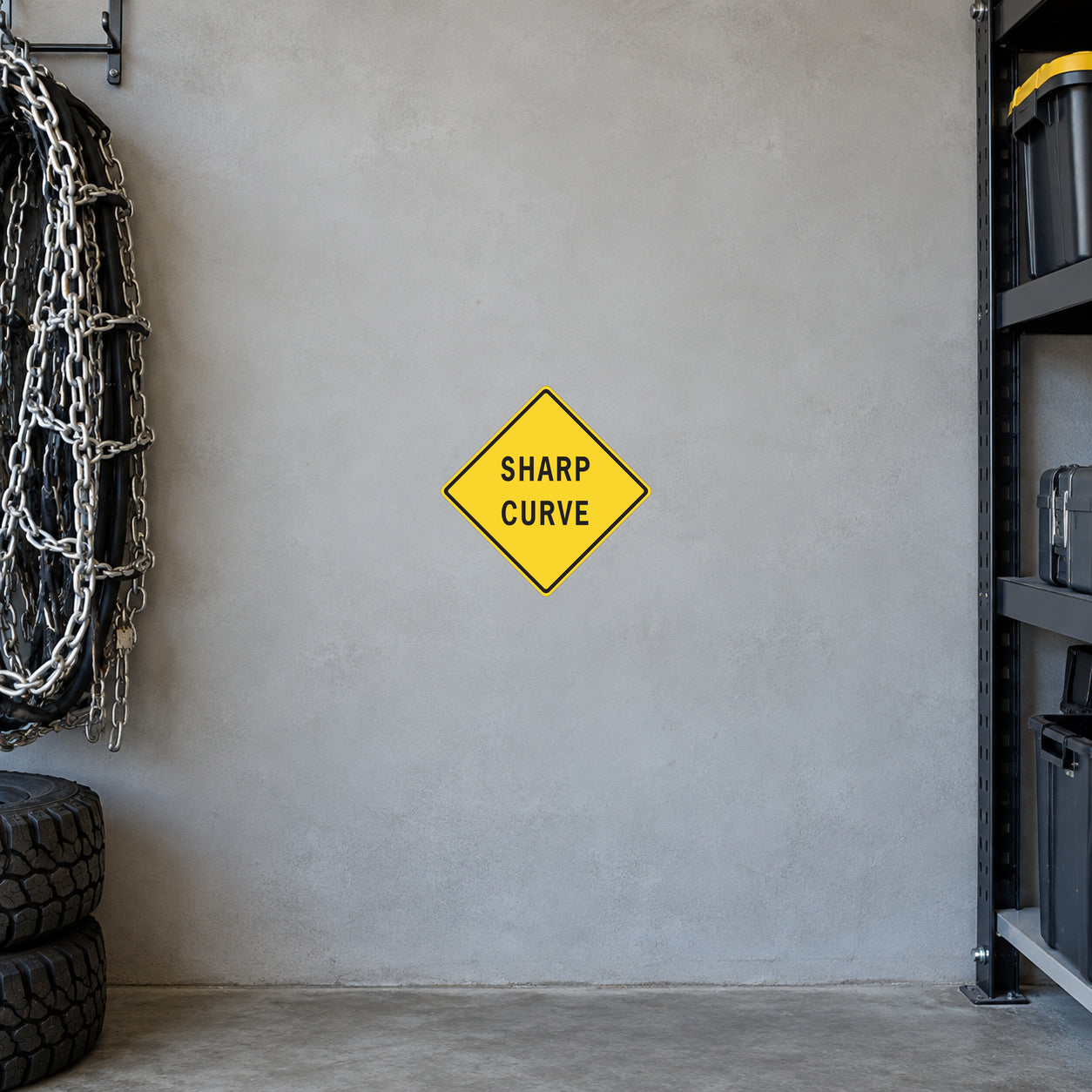 Yellow road sign sticker with black “SHARP CURVE” text in a diamond shape