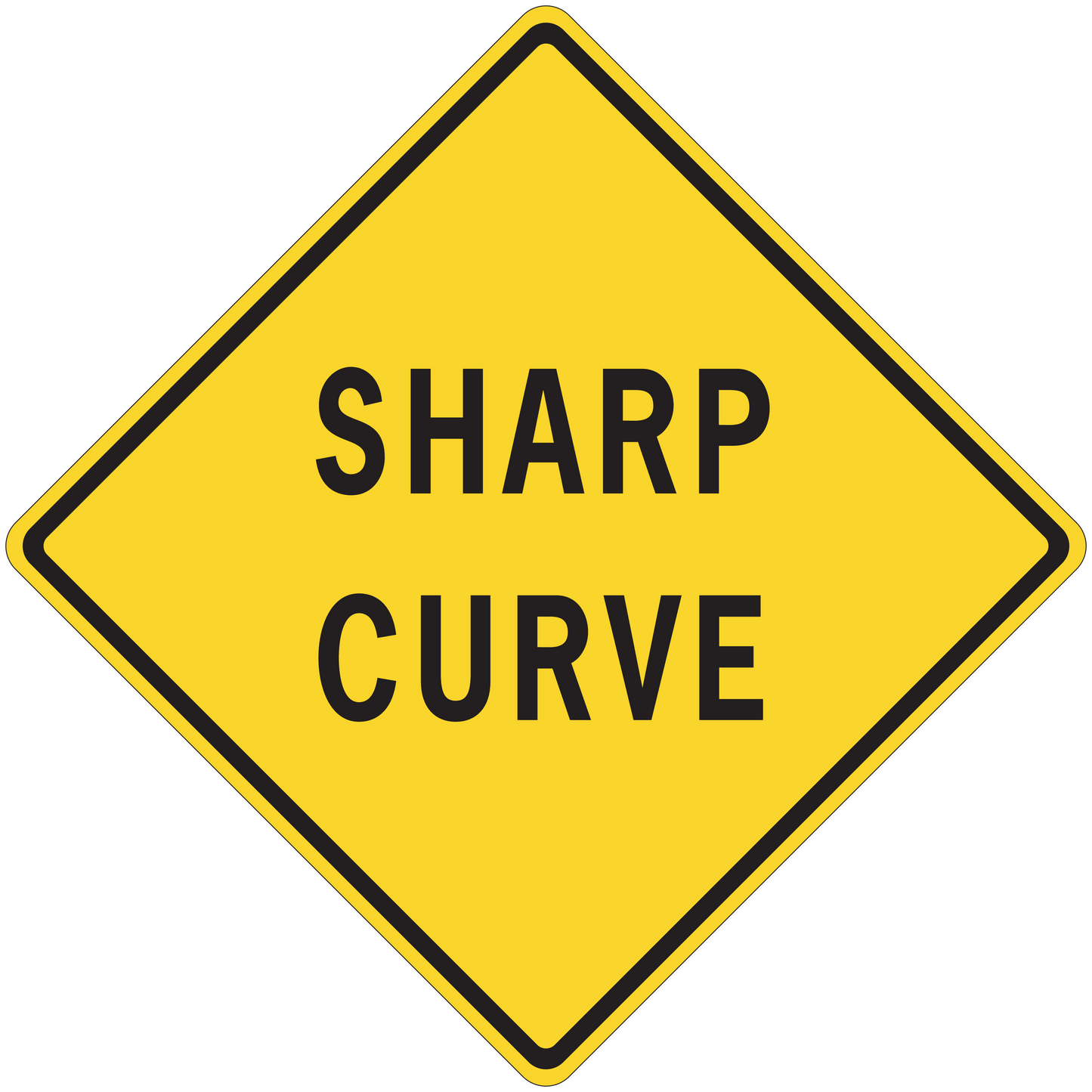 Yellow diamond road sign sticker with black border and text "SHARP CURVE"