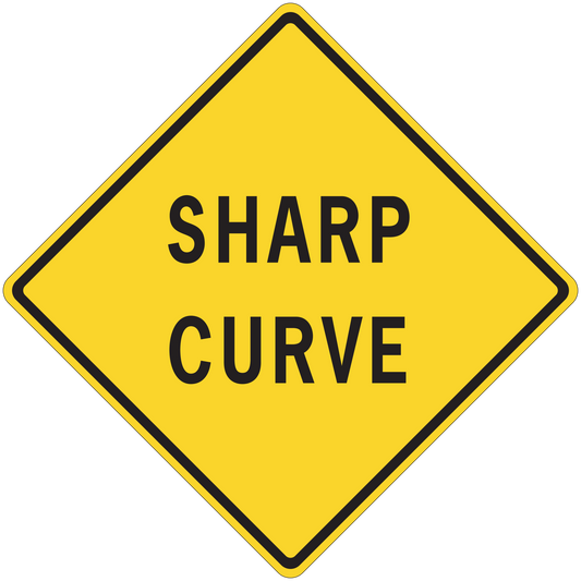 Yellow diamond road sign sticker with black border and text "SHARP CURVE"