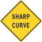 Yellow diamond road sign sticker with black border and text "SHARP CURVE"