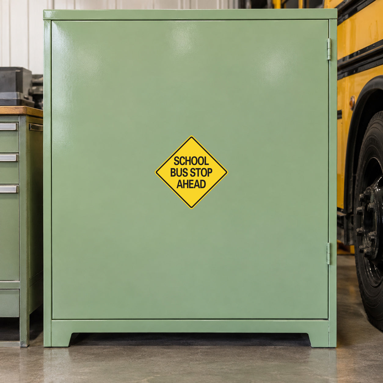 Road Sign Sticker applied in A school transportation office service room, smooth light green cabinet front, bus wheel far right