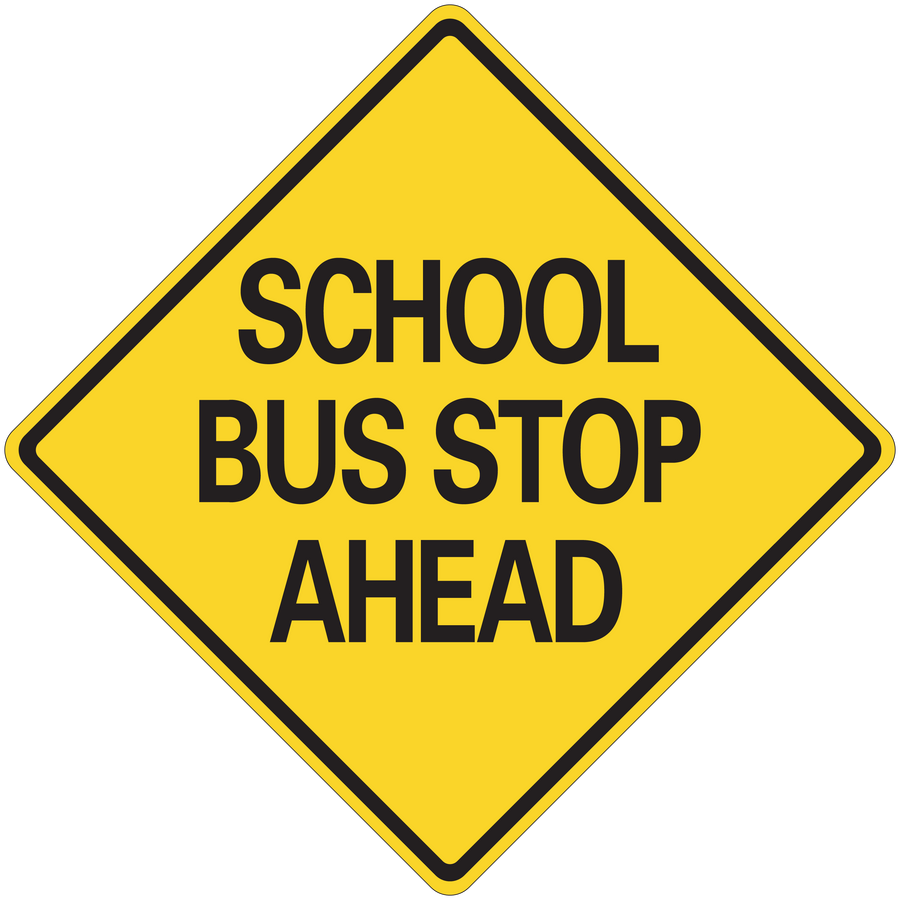 Yellow road sign sticker with black border and 'SCHOOL BUS STOP AHEAD' text