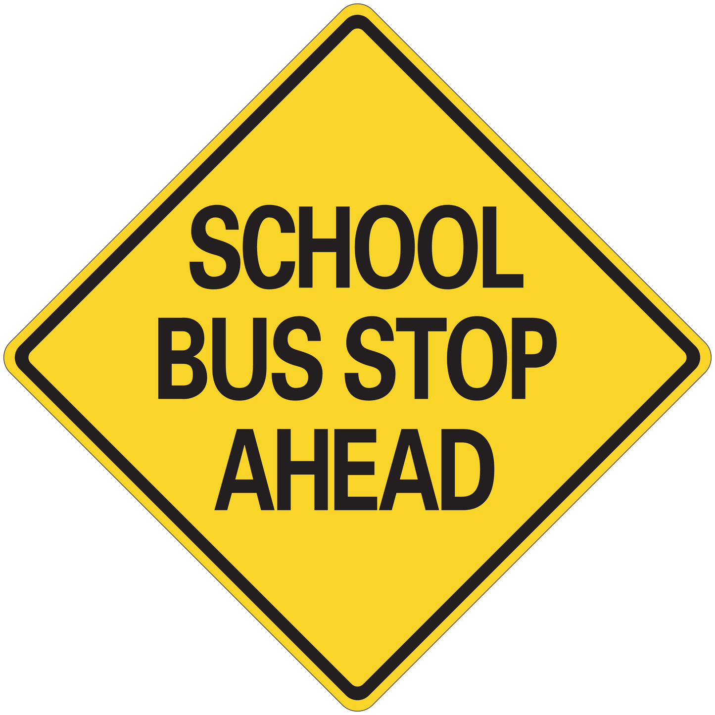 Yellow road sign sticker with black border and 'SCHOOL BUS STOP AHEAD' text