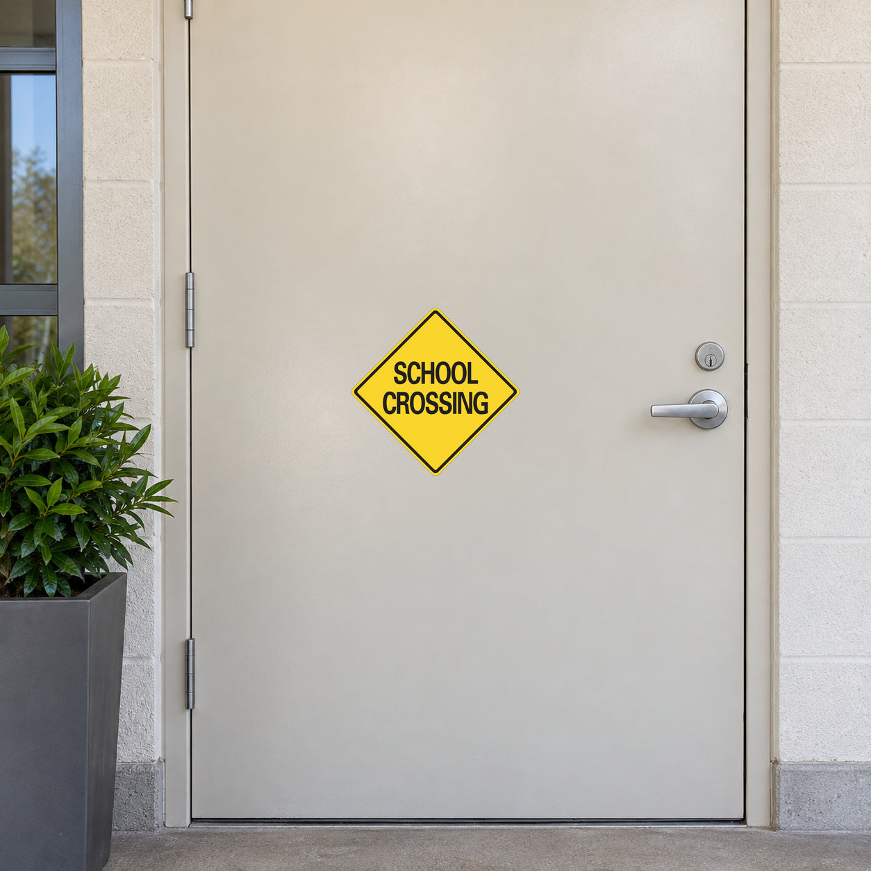 Road sign sticker with yellow diamond and black 'SCHOOL CROSSING' text