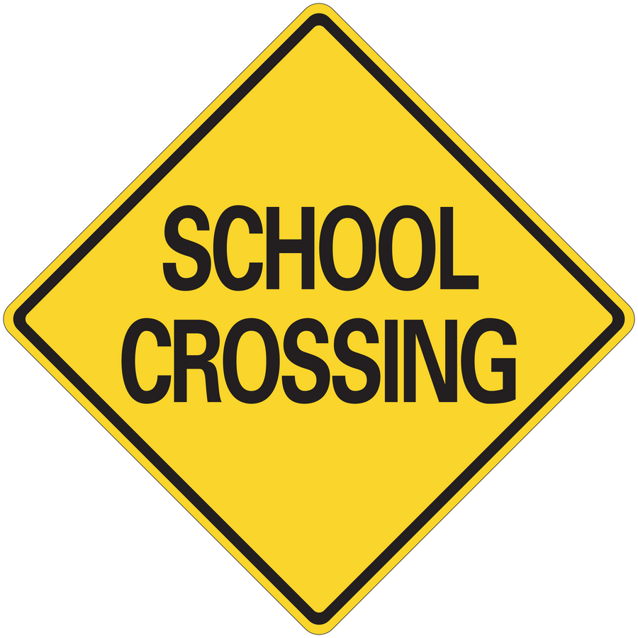 Yellow road sign sticker, diamond shape with 'SCHOOL CROSSING' text and black border