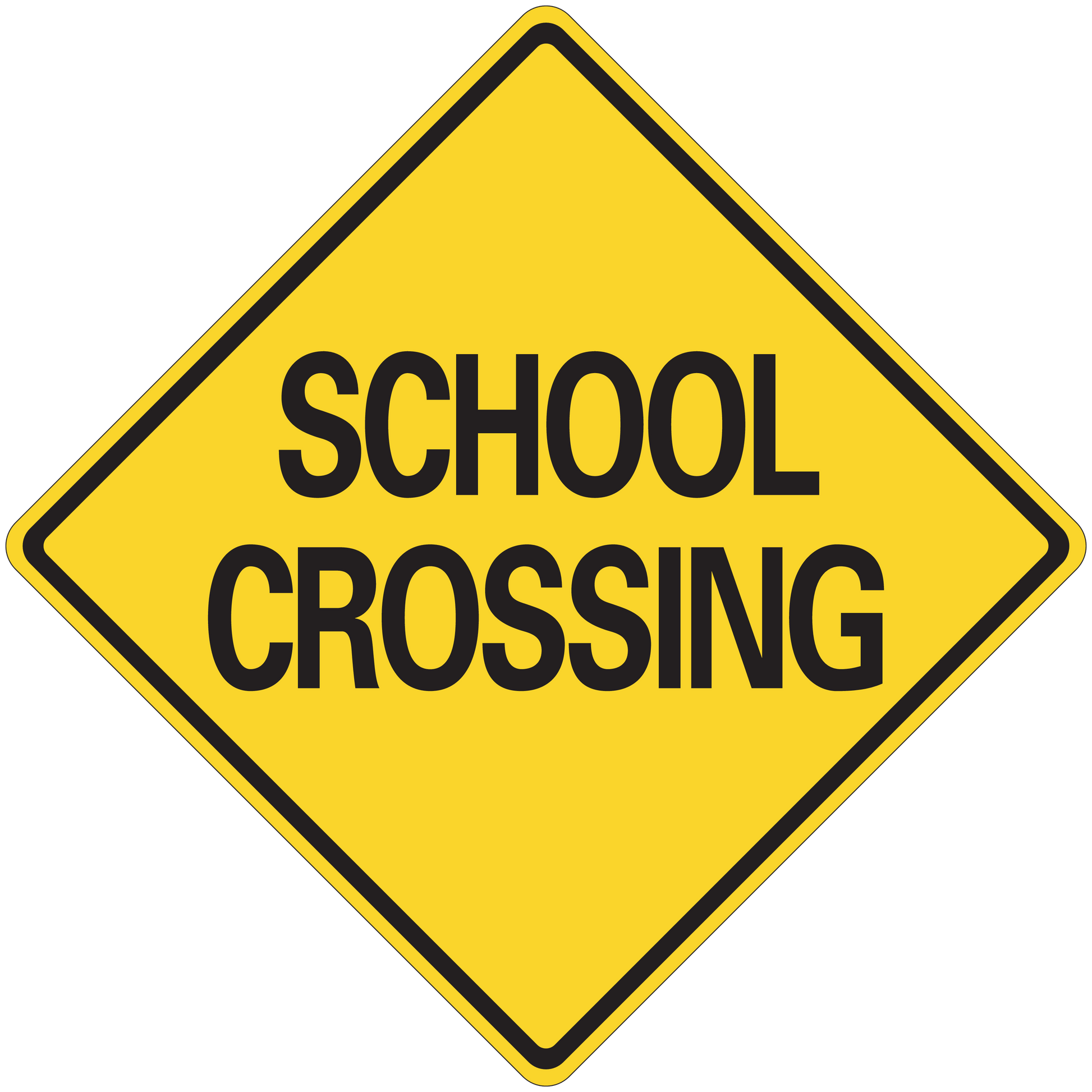 Yellow road sign sticker, diamond shape with 'SCHOOL CROSSING' text and black border