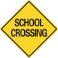 Yellow road sign sticker, diamond shape with 'SCHOOL CROSSING' text and black border