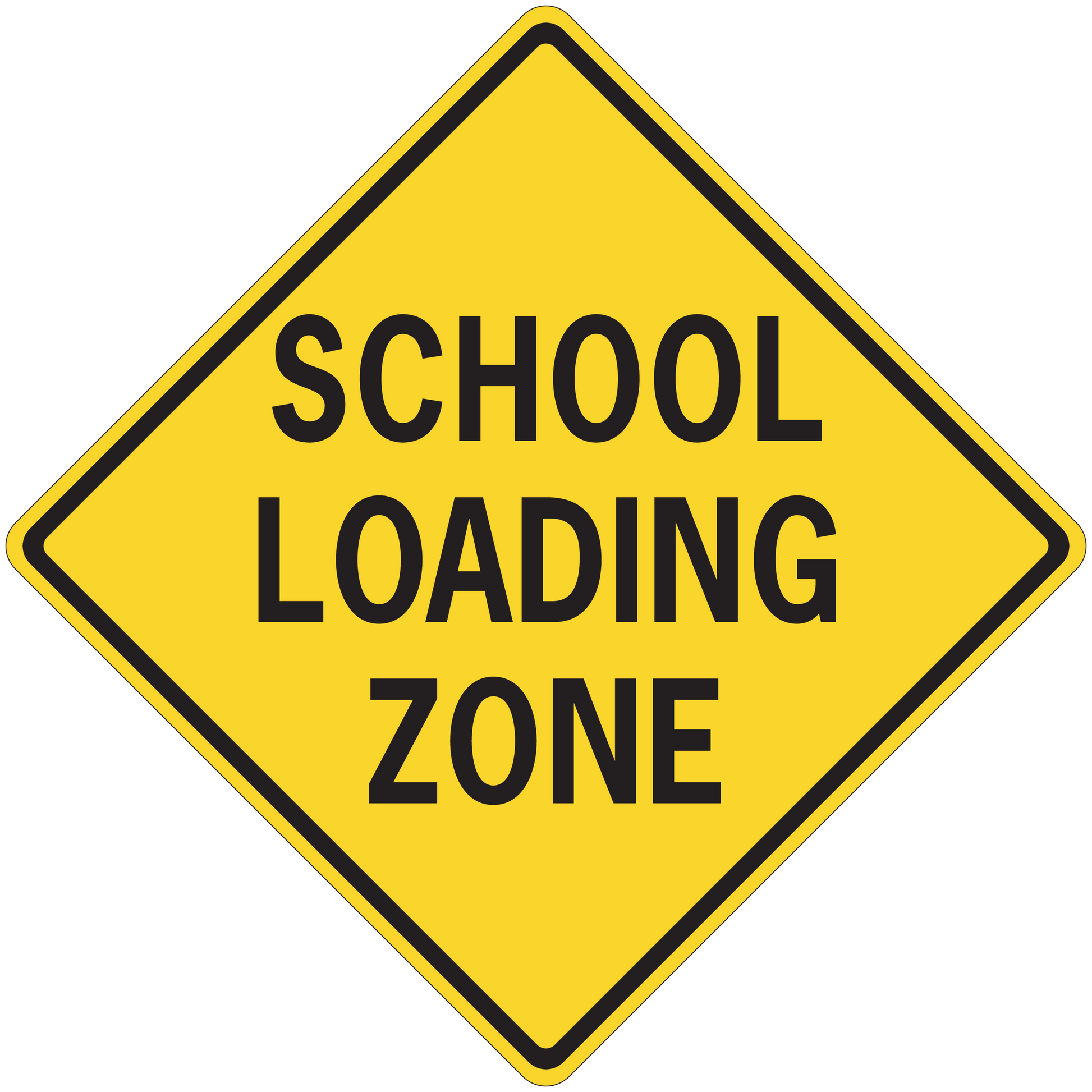 School Loading Zone road sign sticker, yellow diamond with black text