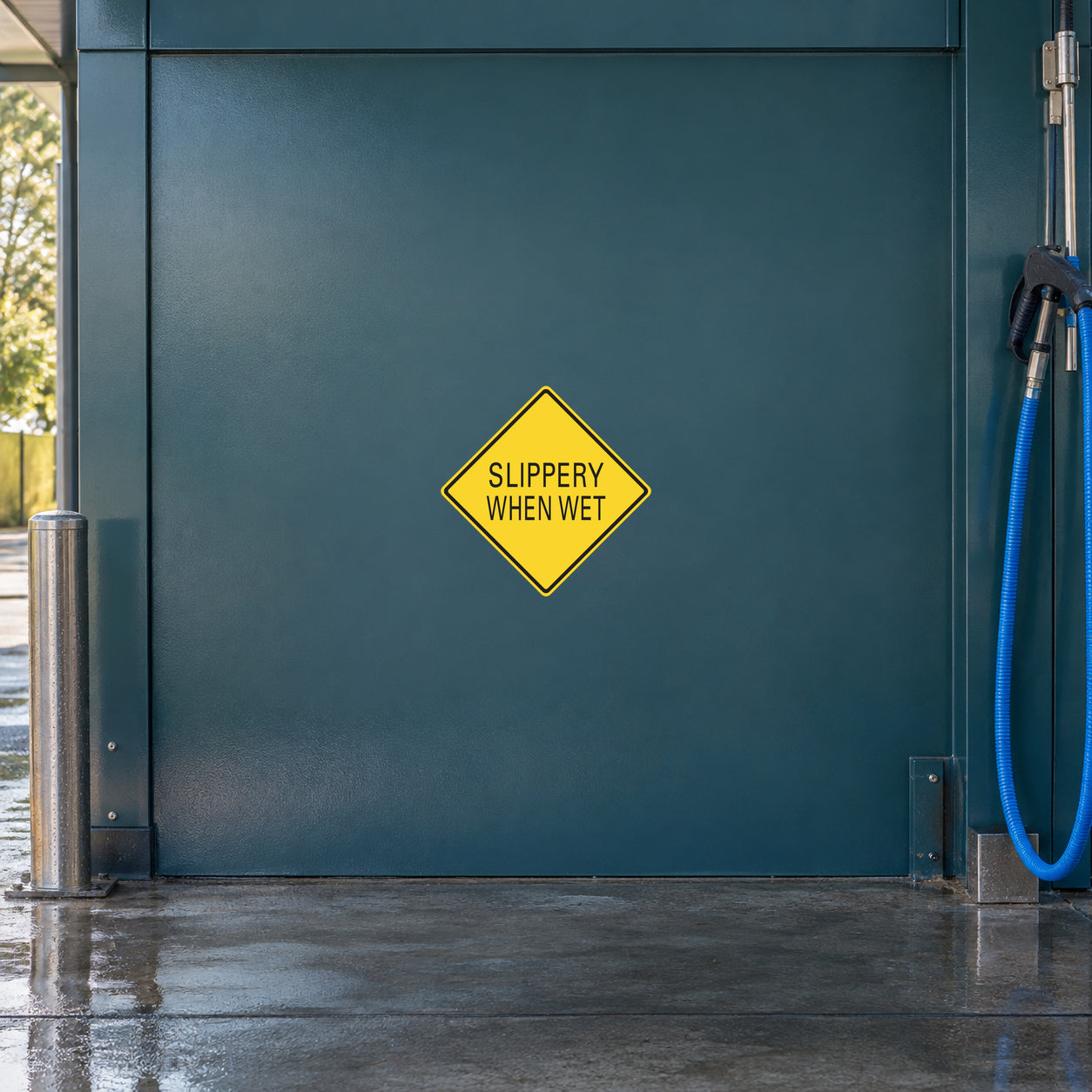 Road Sign Sticker applied in A vehicle wash service area, smooth dark teal metal enclosure front, hose extreme right and wet floor below