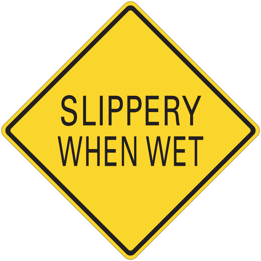 Road sign sticker with yellow diamond and black border, text “SLIPPERY WHEN WET”