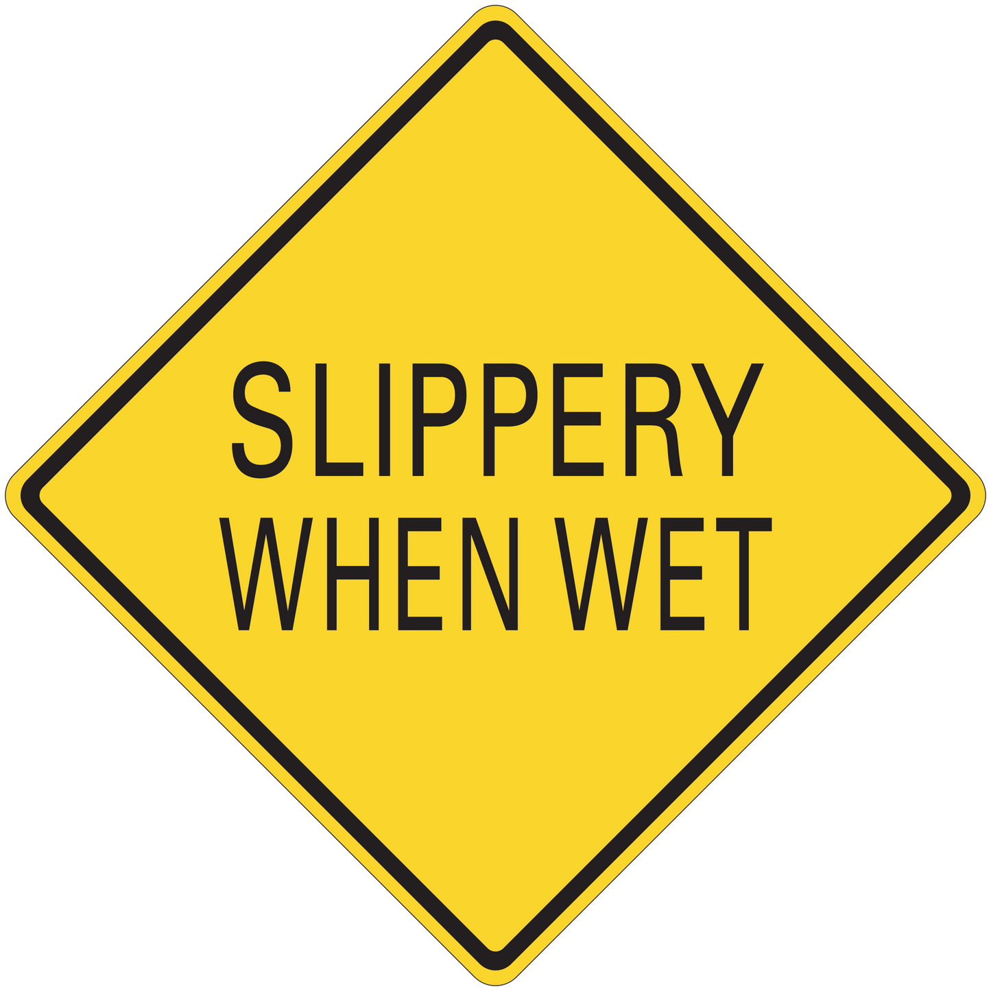 Road sign sticker with yellow diamond and black border, text “SLIPPERY WHEN WET”