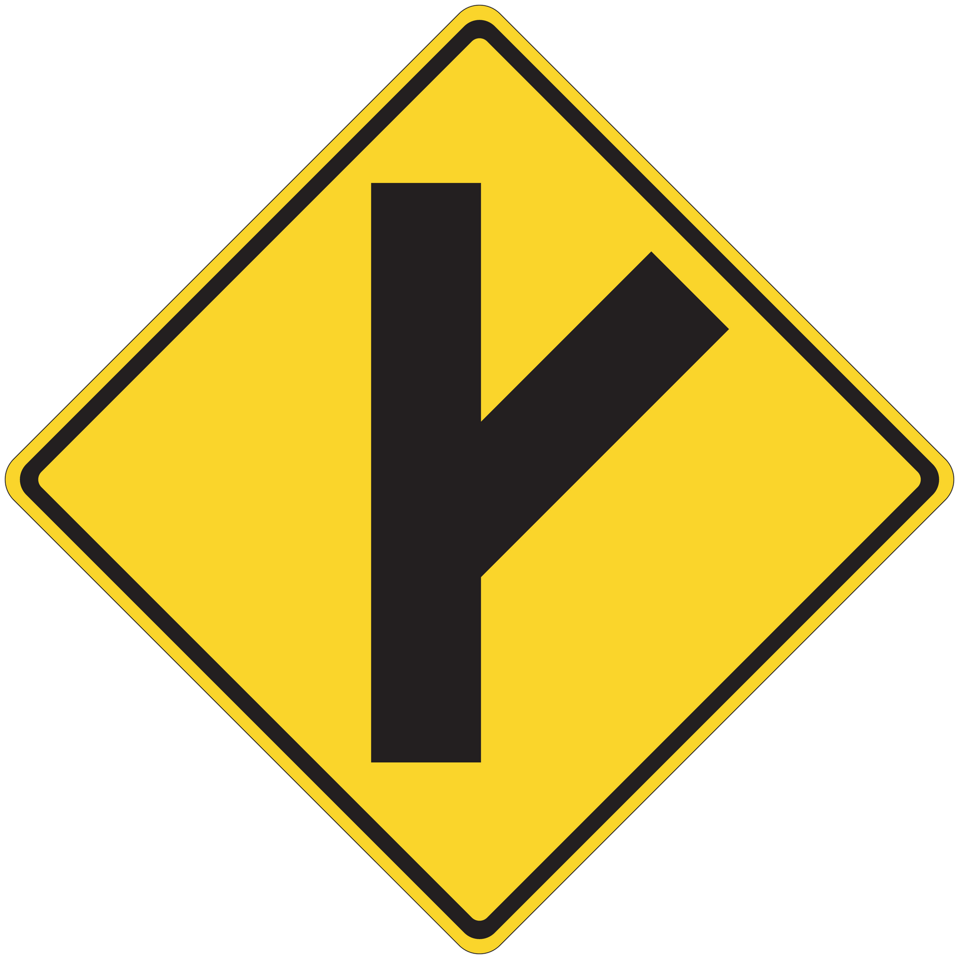 Yellow road sign sticker with black diamond and arrow pointing down