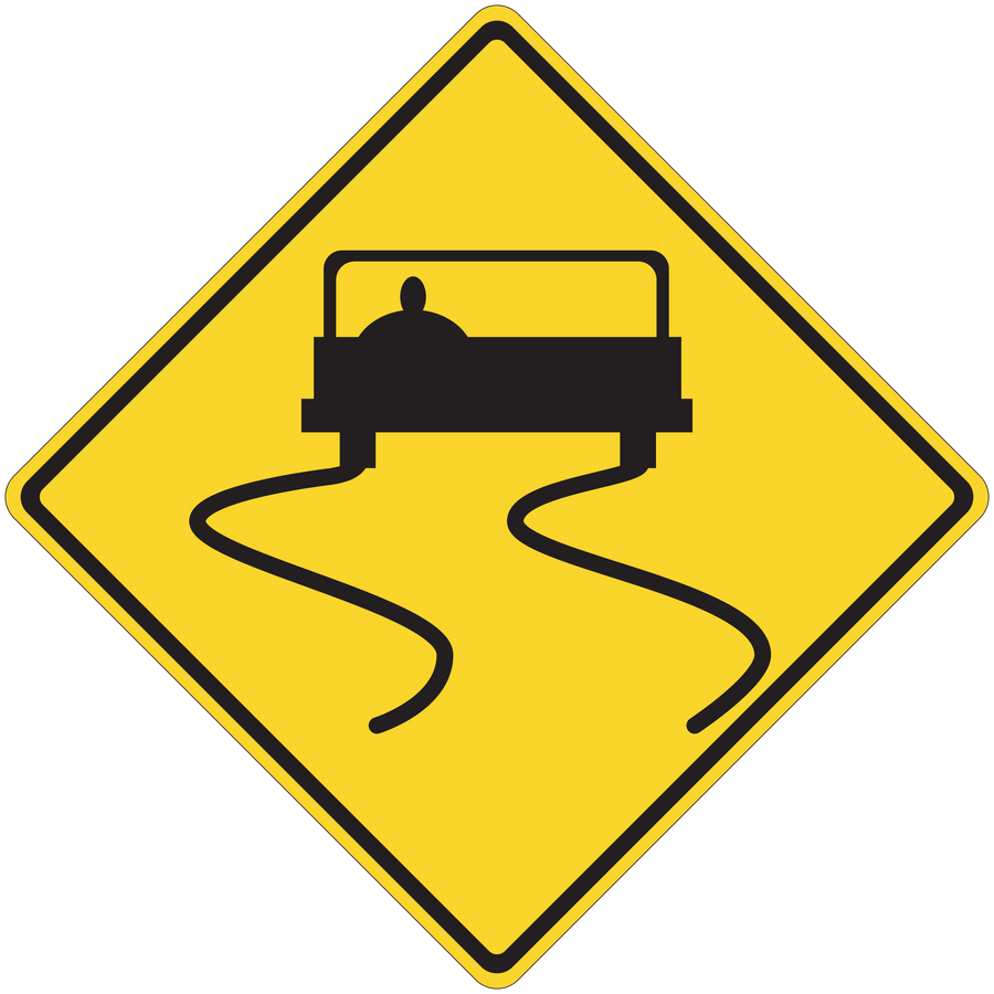 Yellow road sign sticker with black flooded-car and wavy water symbol