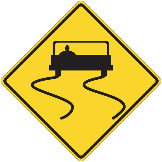 Yellow road sign sticker with black flooded-car and wavy water symbol