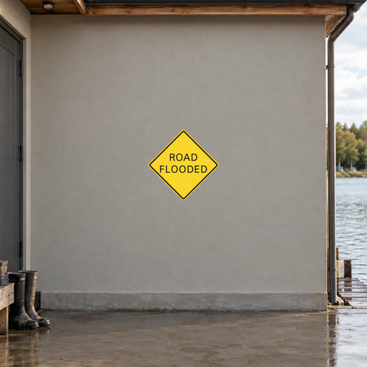 Road flooded warning sign sticker, yellow diamond with black border and text