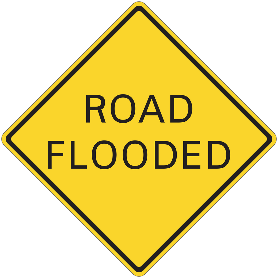 Yellow road flooded diamond sign sticker with black border and ROAD FLOODED text