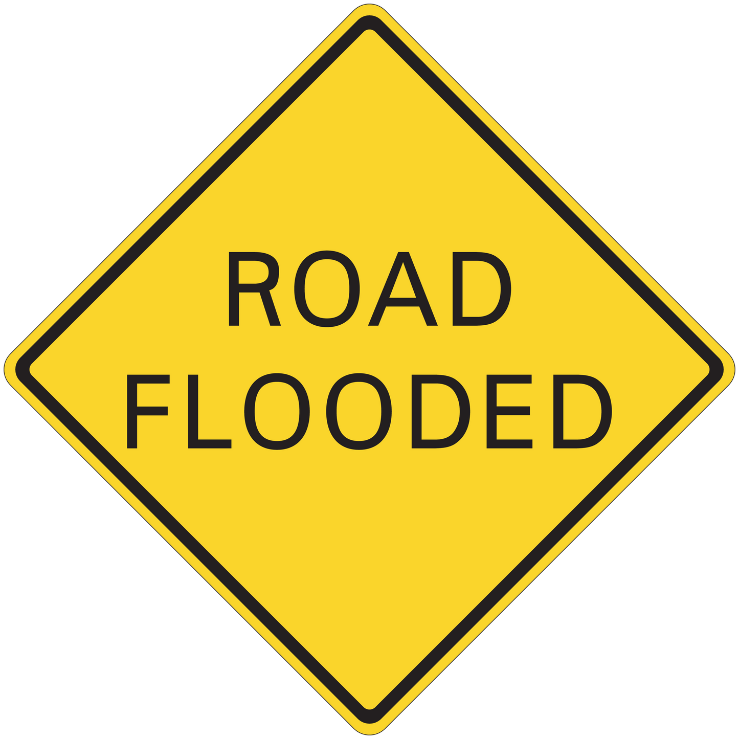 Yellow road flooded diamond sign sticker with black border and ROAD FLOODED text