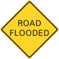 Yellow road flooded diamond sign sticker with black border and ROAD FLOODED text