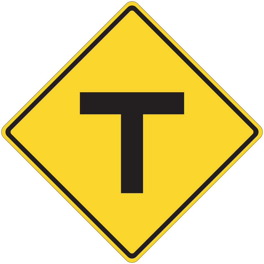 Road sign sticker: yellow diamond with black border and T symbol
