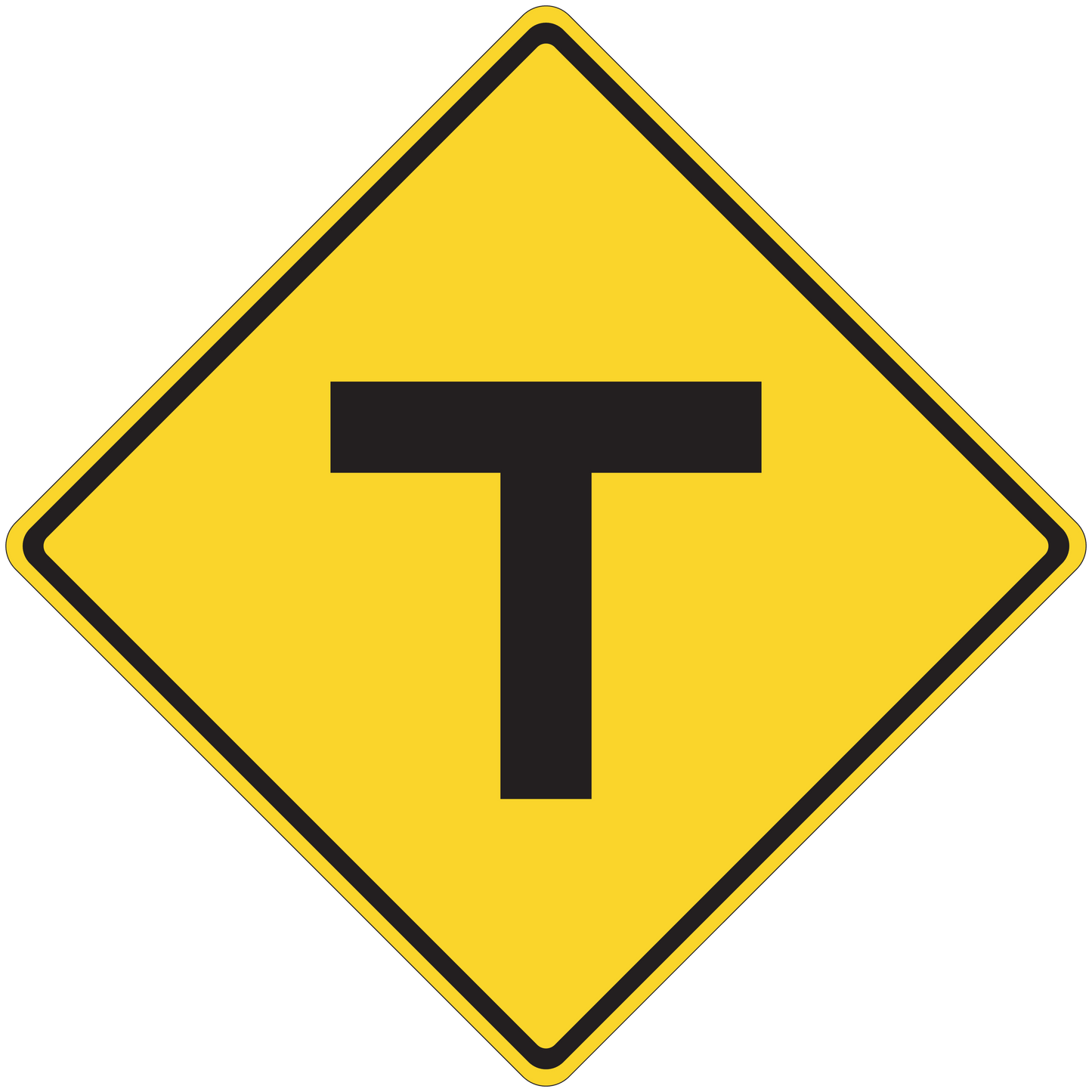 Road sign sticker: yellow diamond with black border and T symbol