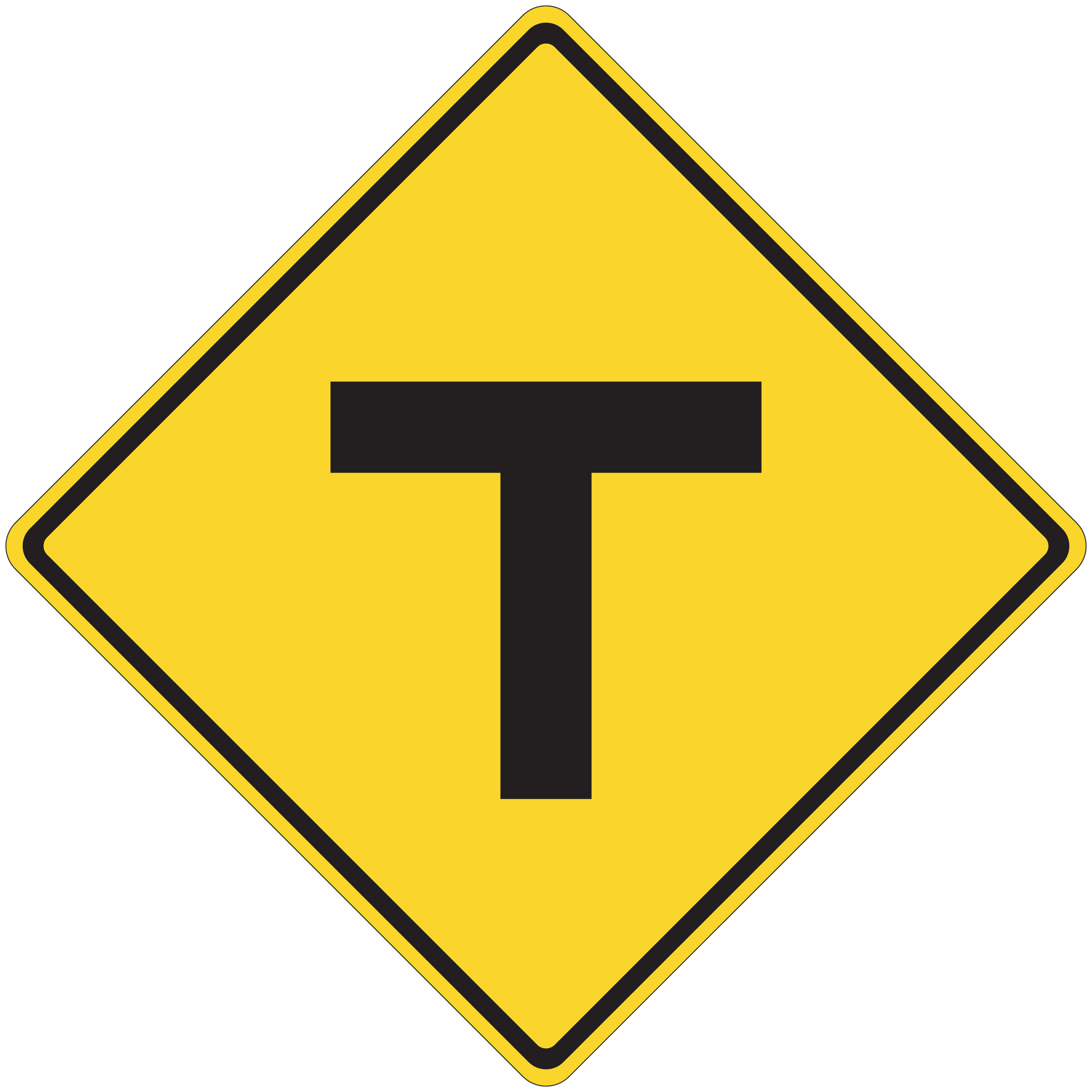 Road sign sticker: yellow diamond with black border and T symbol