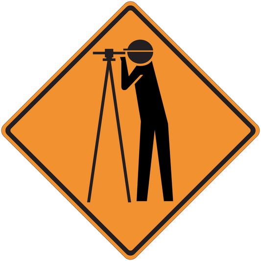 Road sign sticker: orange diamond with black roadworks worker and equipment