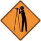 Road sign sticker: orange diamond with black roadworks worker and equipment