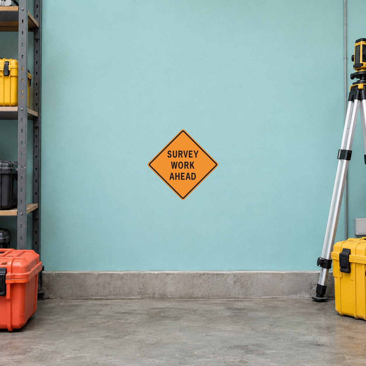 Road sign sticker: yellow diamond “SURVEY WORK AHEAD”