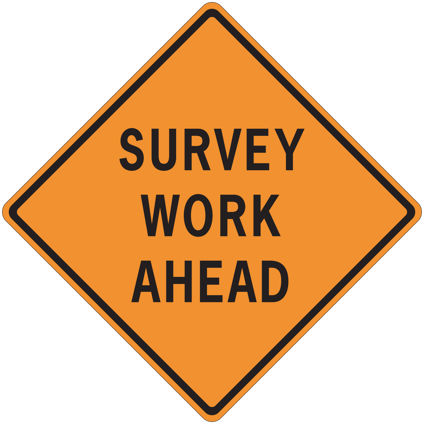 Orange road sign sticker with black border and "SURVEY WORK AHEAD" text