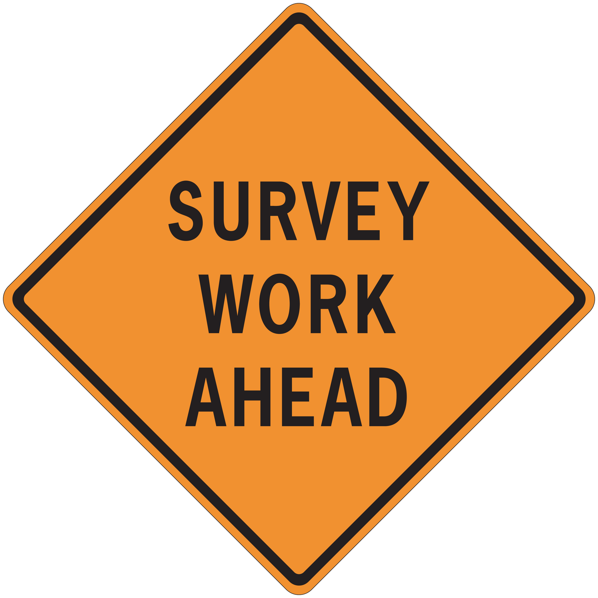 Orange road sign sticker with black border and "SURVEY WORK AHEAD" text