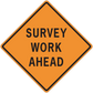 Orange road sign sticker with black border and "SURVEY WORK AHEAD" text