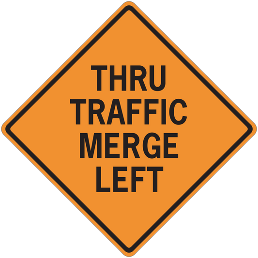 Road sign sticker, orange diamond with black border: THRU TRAFFIC MERGE LEFT