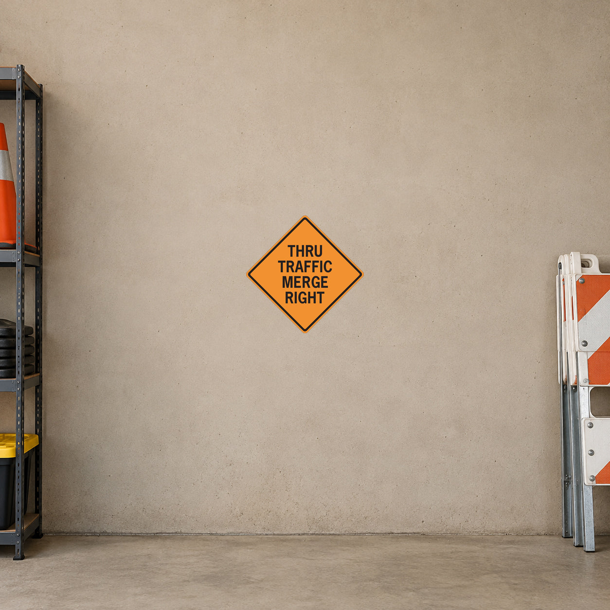 Orange diamond road sign sticker with text "THRU TRAFFIC MERGE RIGHT"