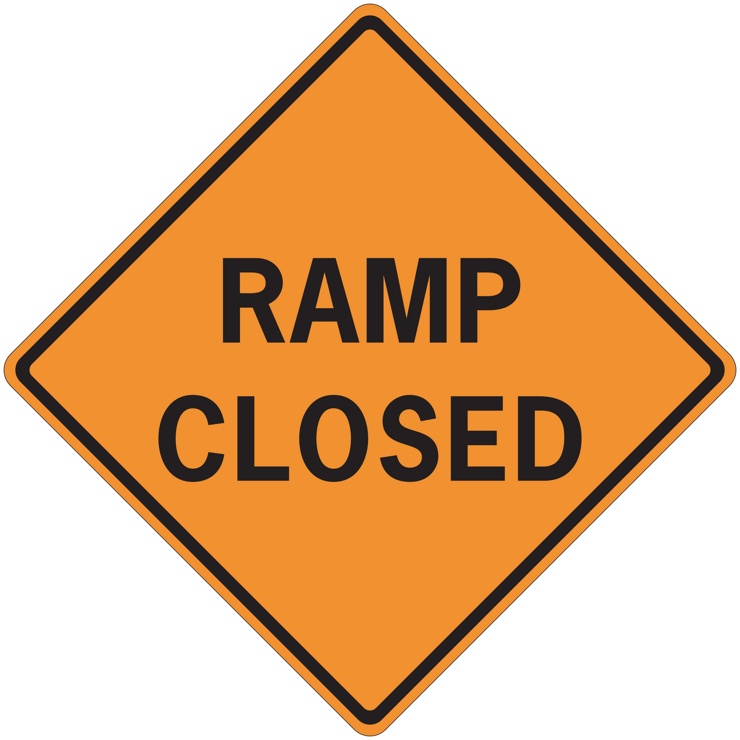 Road sign sticker: orange diamond with black border and 'RAMP CLOSED' text