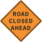 Orange road closed ahead sign sticker with black border and bold text