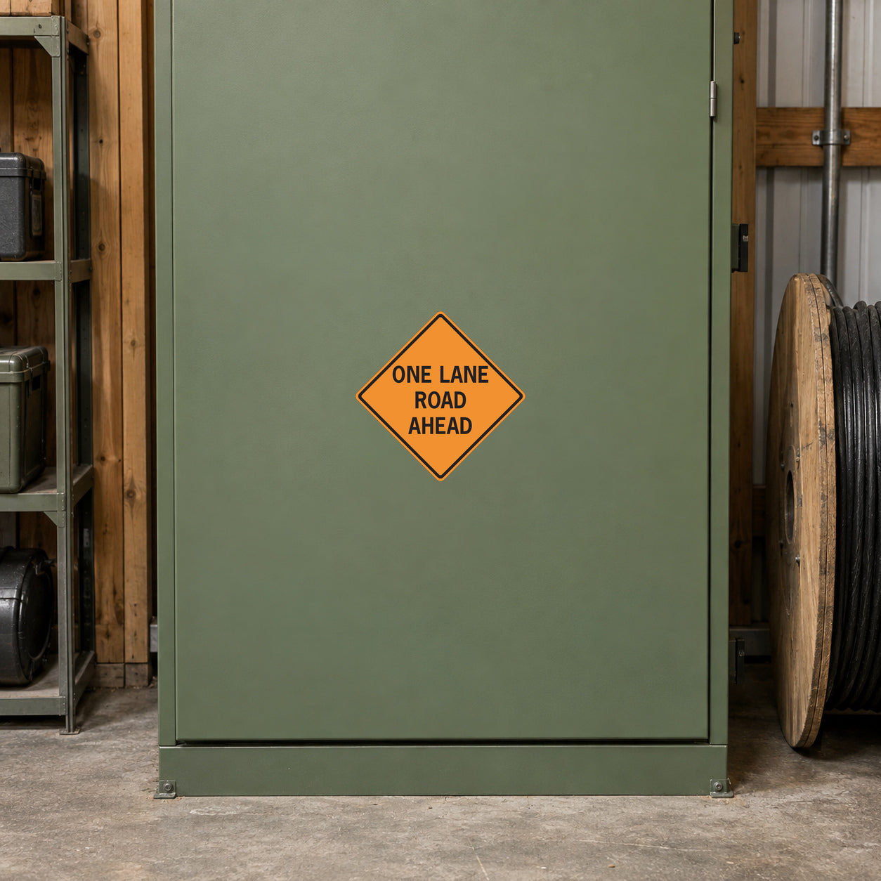 Road Sign Sticker applied in A rural contractor equipment room, smooth muted green cabinet front, cable spool far right