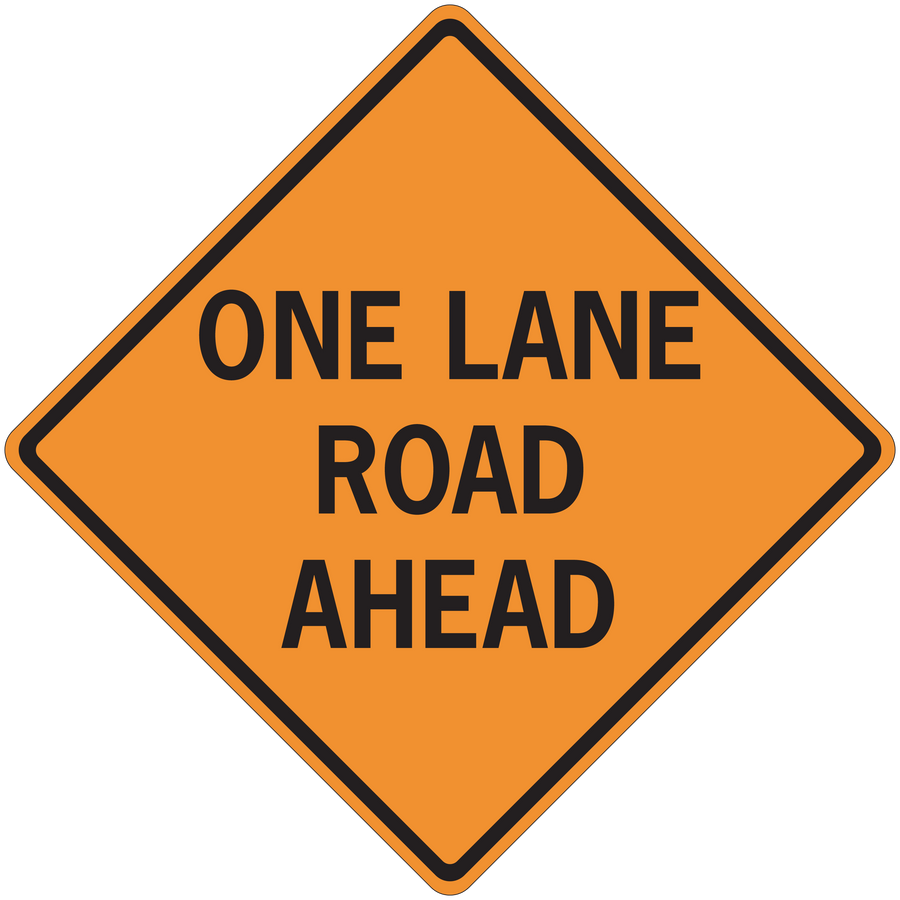 Orange road sign sticker reading "ONE LANE ROAD AHEAD"