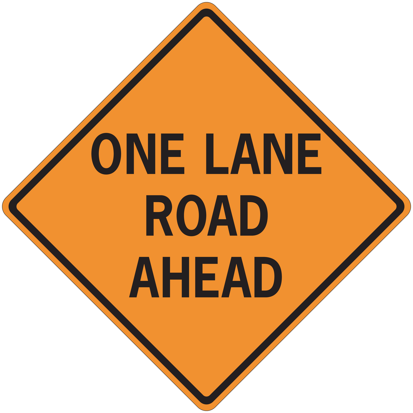 Orange road sign sticker reading "ONE LANE ROAD AHEAD"