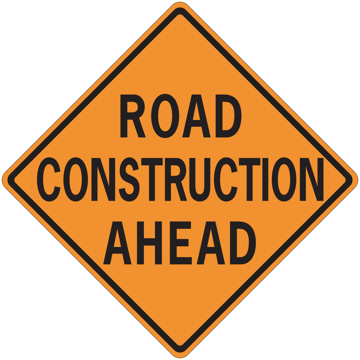 Orange road construction ahead warning sign sticker, diamond shape with black border and text.