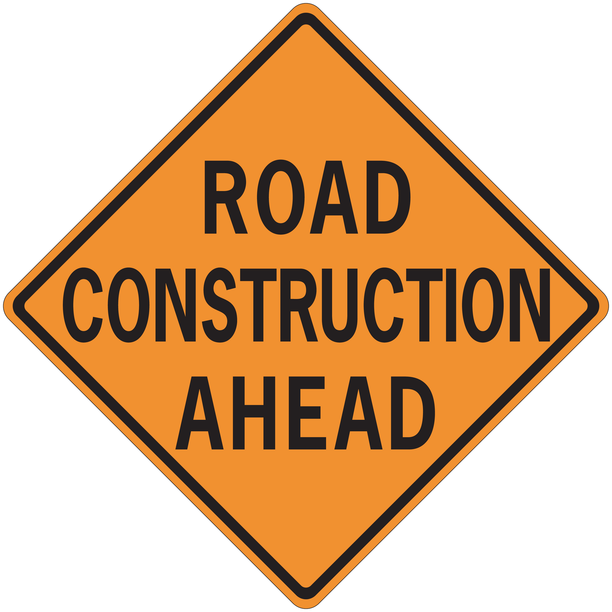 Orange road construction ahead warning sign sticker, diamond shape with black border and text.