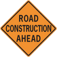 Orange road construction ahead warning sign sticker, diamond shape with black border and text.