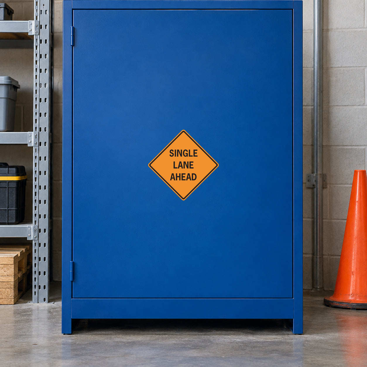 Road Sign Sticker applied in A logistics traffic storage room, smooth deep blue single cabinet panel, orange cone far right