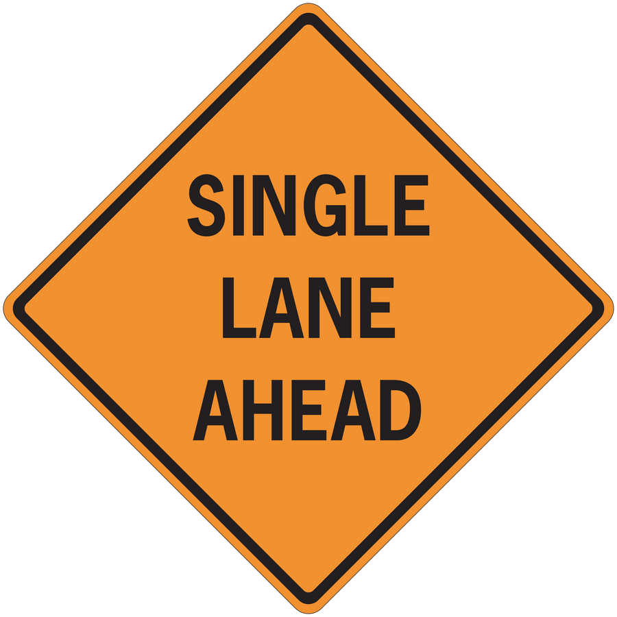 Orange road sign sticker with SINGLE LANE AHEAD text