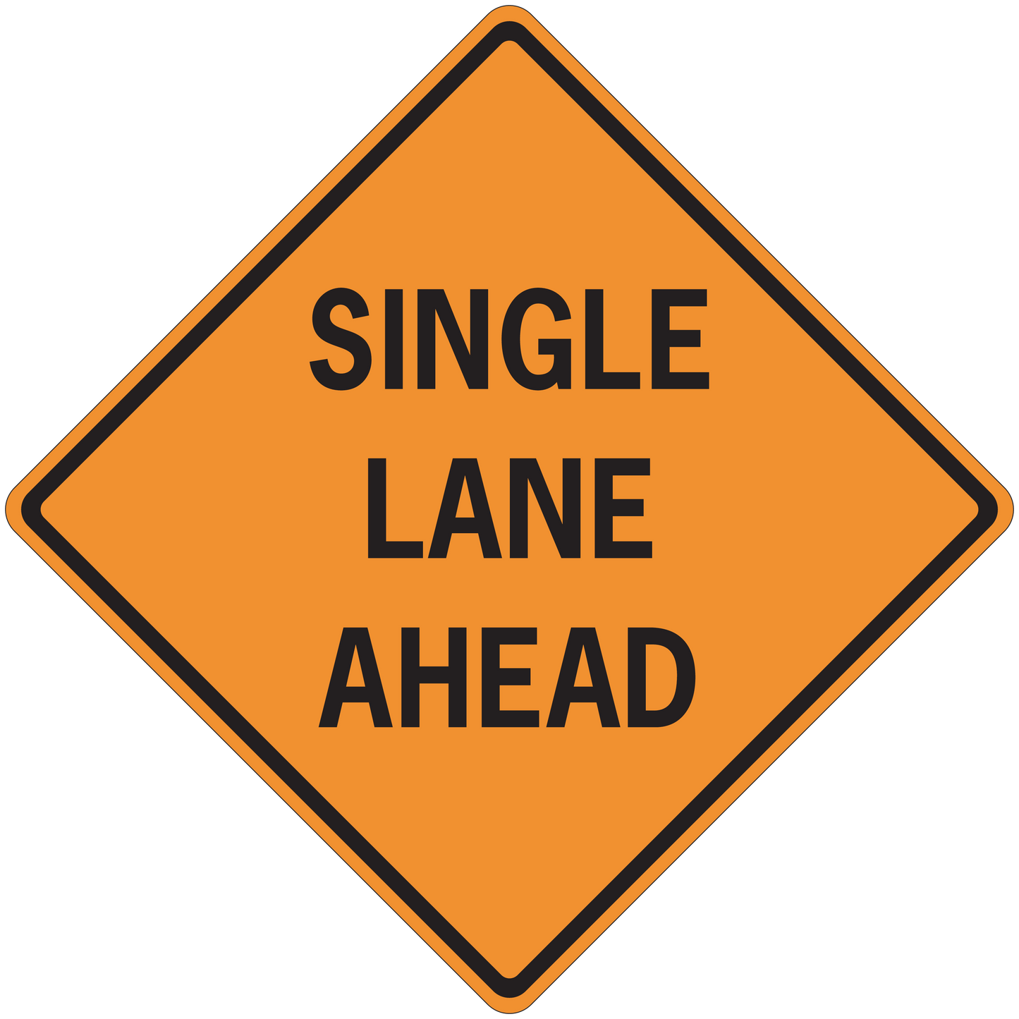 Orange road sign sticker with SINGLE LANE AHEAD text