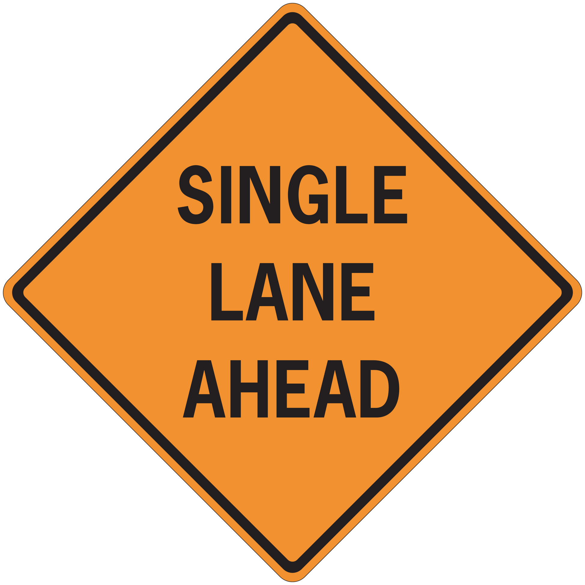 Orange road sign sticker with SINGLE LANE AHEAD text