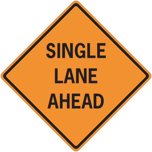 Orange road sign sticker with SINGLE LANE AHEAD text