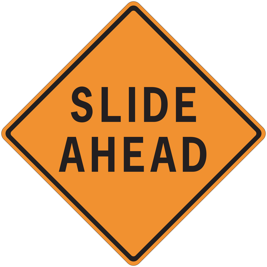 Road sign sticker with orange diamond reading 'SLIDE AHEAD'